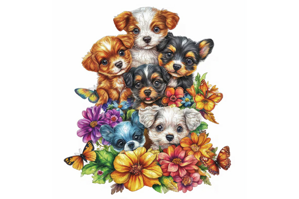 Hidden Shapes Puzzle - Puppies in the Flowers Hidden Shapes Puzzle - Puppies in the Flowers